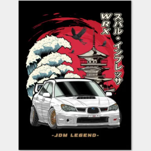 Stylized illustration of a white 2003 Subaru WRX with a red sun, ocean wave, and Japanese architecture